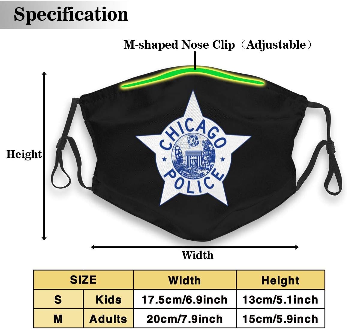 NBBD Chicago Police Logo Safety Facial Protection Reusable Face MA-SK with Filter