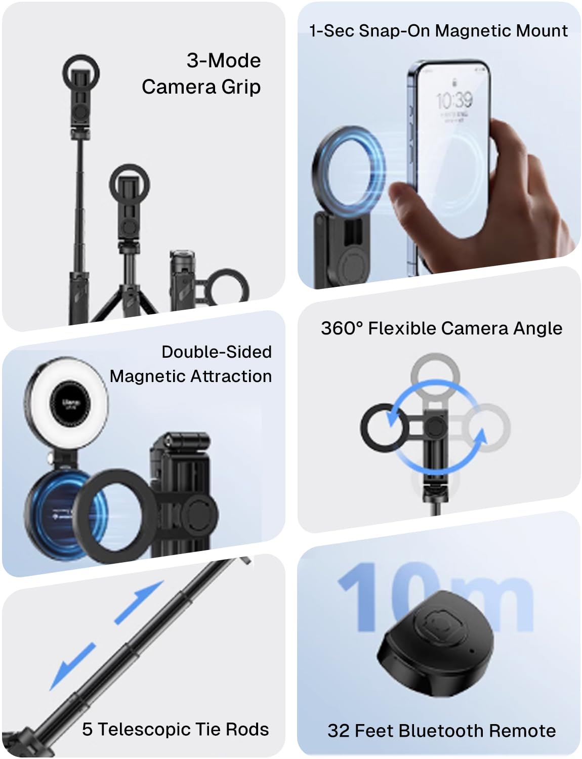 MAGIC JOHN Phone Tripod with 2 Selfie Light, Portable Pocket Size Selfie Stick for iPhone Magsafe, Selfie Stick with Wireless Detachable Remote Control for Photograph, Live Streaming, Video Recording