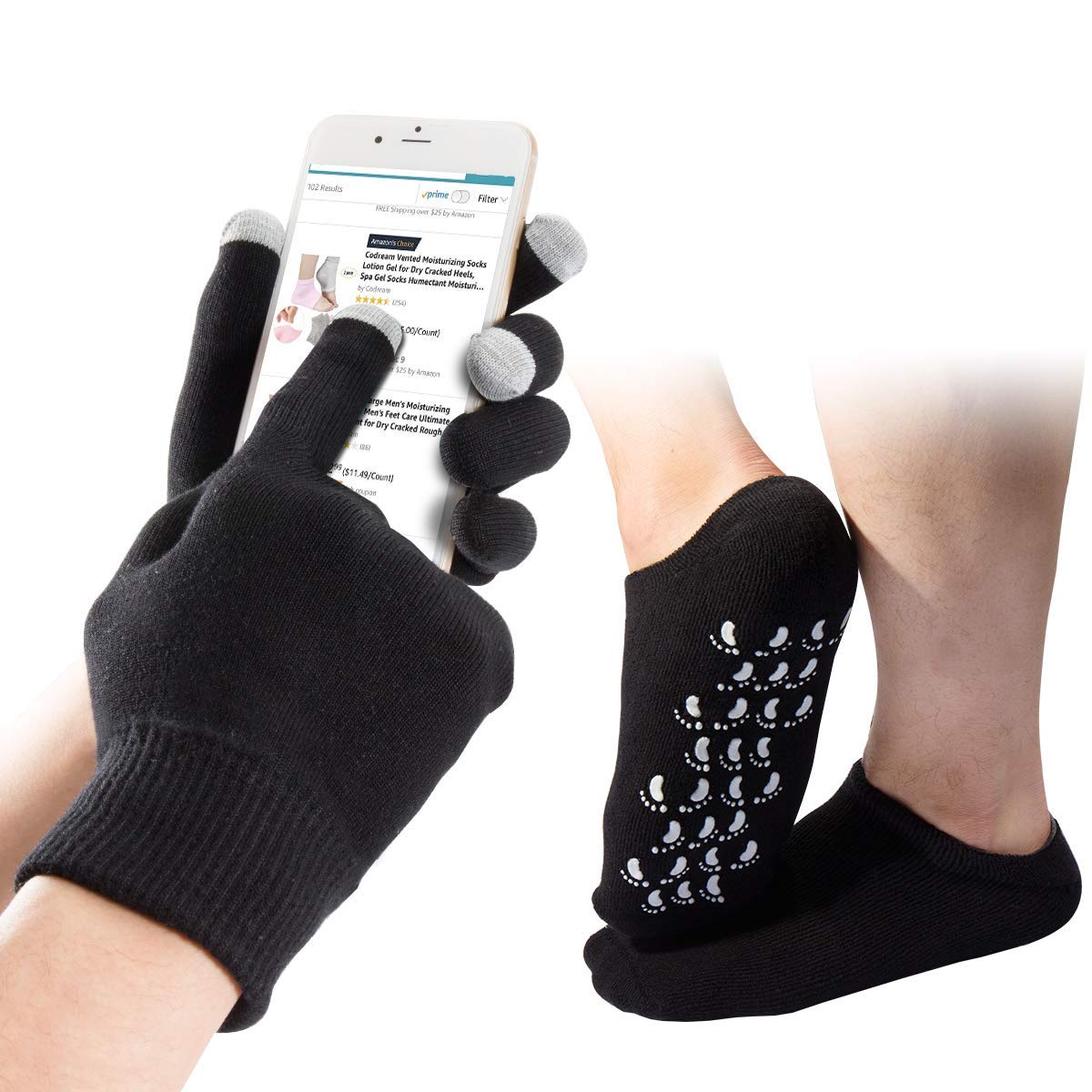 Codream Large Mens Touch Screen Moisturizing Gel Gloves Gel Moisturizing Spa Gloves and Socks Set, Ultimate Treatment for Dry Cracked Rough Skin US Men 10-15