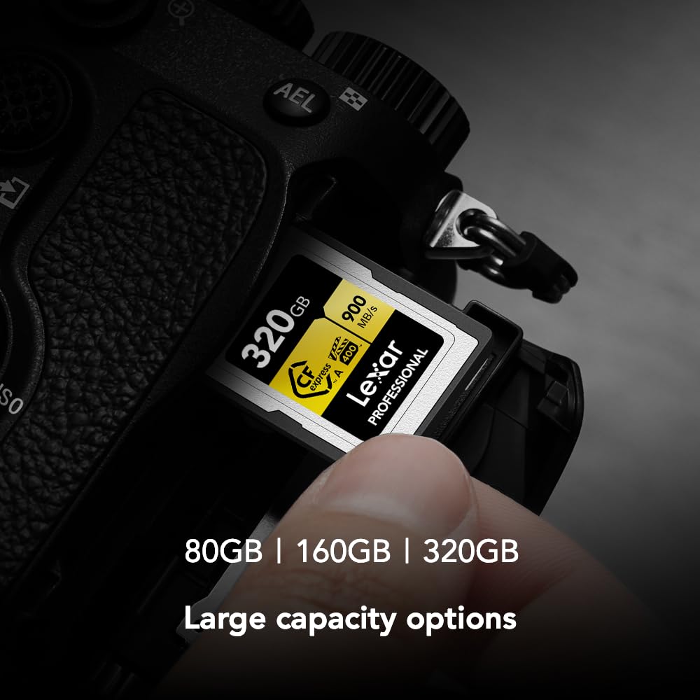 Lexar 320GB Professional CFexpress Type A GOLD Series Memory Card, Up to 900MB/s Read, Cinema-quality 8K Video, Rated VPG 400 (LCAGOLD320G-RNENG)