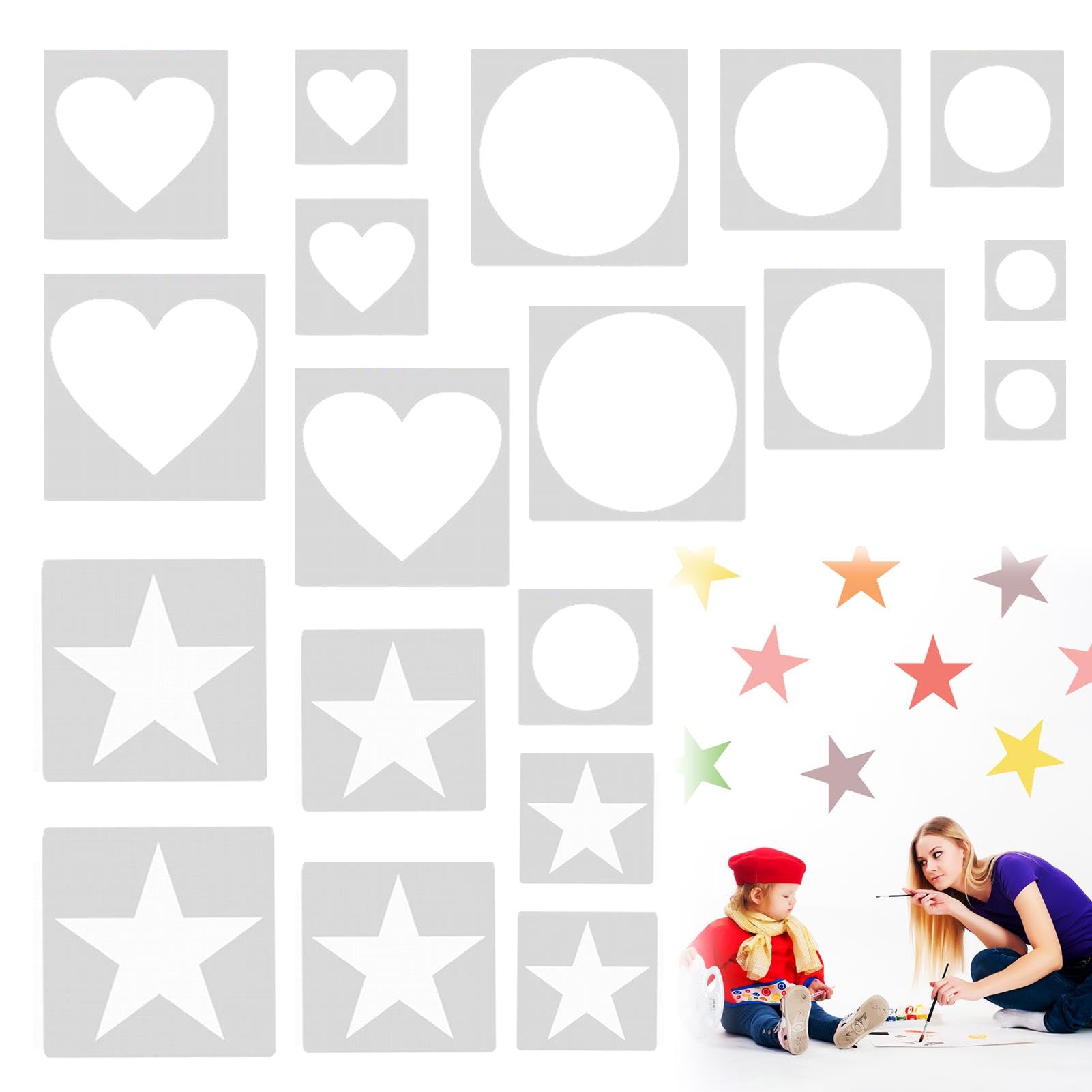 Hahhhha 24pcs Painting Template for Crafts, Plastic Star Heart Circle Shaped Stencils in Different Sizes, Reusable Wall Stencils for Walls Furniture Window Home Decoration DIY Crafts(White)
