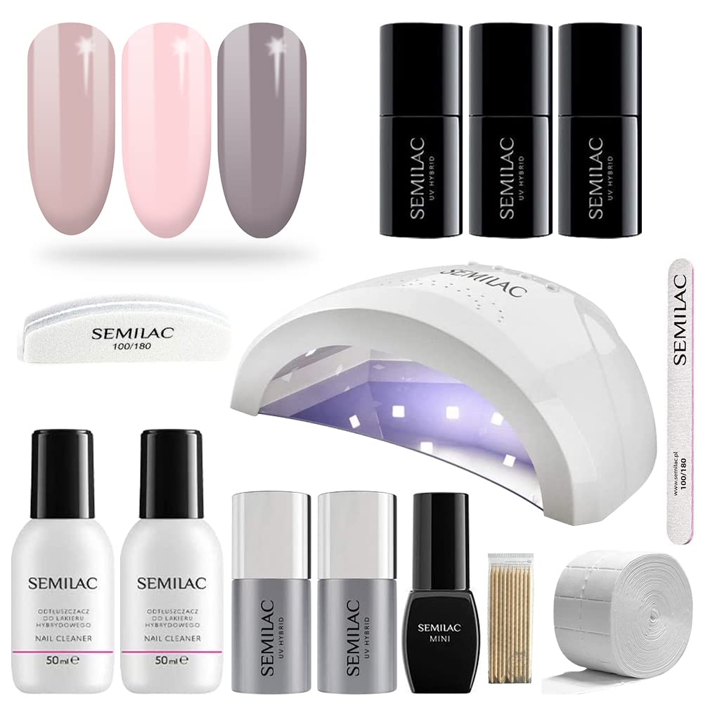 Semilac Love Me Gel Nail Starter Set Kit with UV 24/48W Nail Lamp, 3 Soak Off Gel Polish Colours, (Nude) Manicure Tools, Top No Wipe & Extend Base Coat, Top Mat, Remover, Cleaner & More