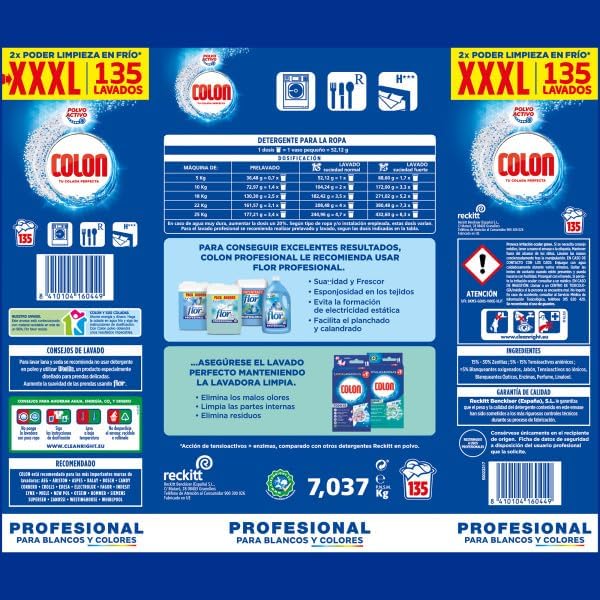 Polvo Activo - Detergente para lavadora, adecuado para ropa blanca y de color, formato polvo - 135 dosis, 7.037 kg