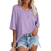SHEWIN Women's Casual V Neck Waffle Knit Tunic Tops Batwing Short Sleeve Shirts Loose Blouses