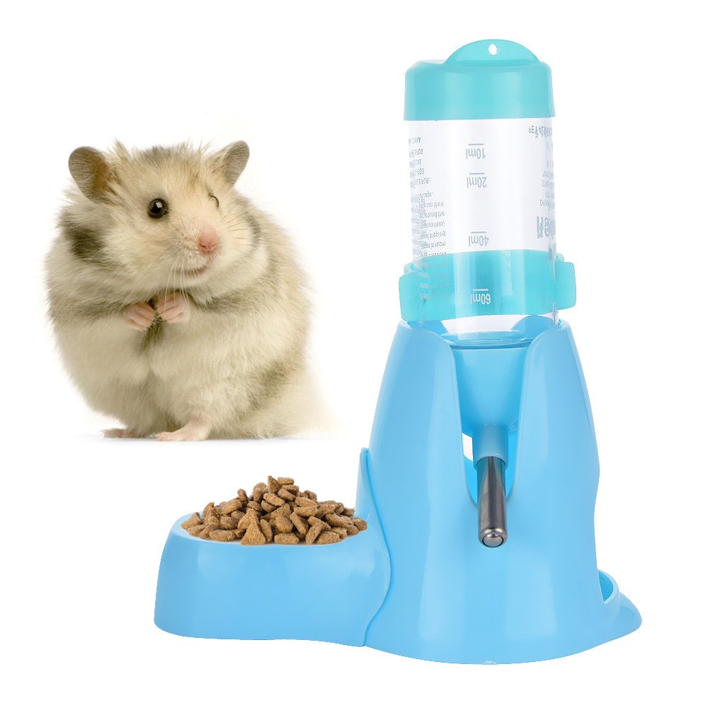 80ml Pet Water Bottle,Pet Drinking Bottle with Food Container Base Hut By Guardians for Hamsters Rats Guinea-pigs Ferrets Rabbits Small Animals Hanging Water Feeding Bottles Auto Dispenser (Blue)