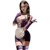 JasmyGirls Sexy Fishnet Dress for Women French Maid Lingerie Dress with Stocking Apron Gloves