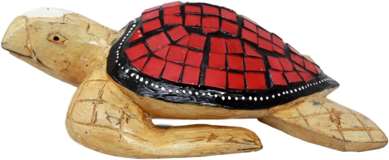 Balikraft Hand Made Wood Artisans "Kura Kaca" Adorable Ocean Turtle With Painted Glass Shell Decorative Figurine 10"L