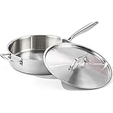 DELARLO 7QT Saute Pan Jumbo Cooker Tri-Ply Stainless Steel Pan, 12Inch Deep Frying Pan with Steel cover, Kitchen Large Skillet,Heavy Duty Style Compatible With All Cooktops Up to 650℉