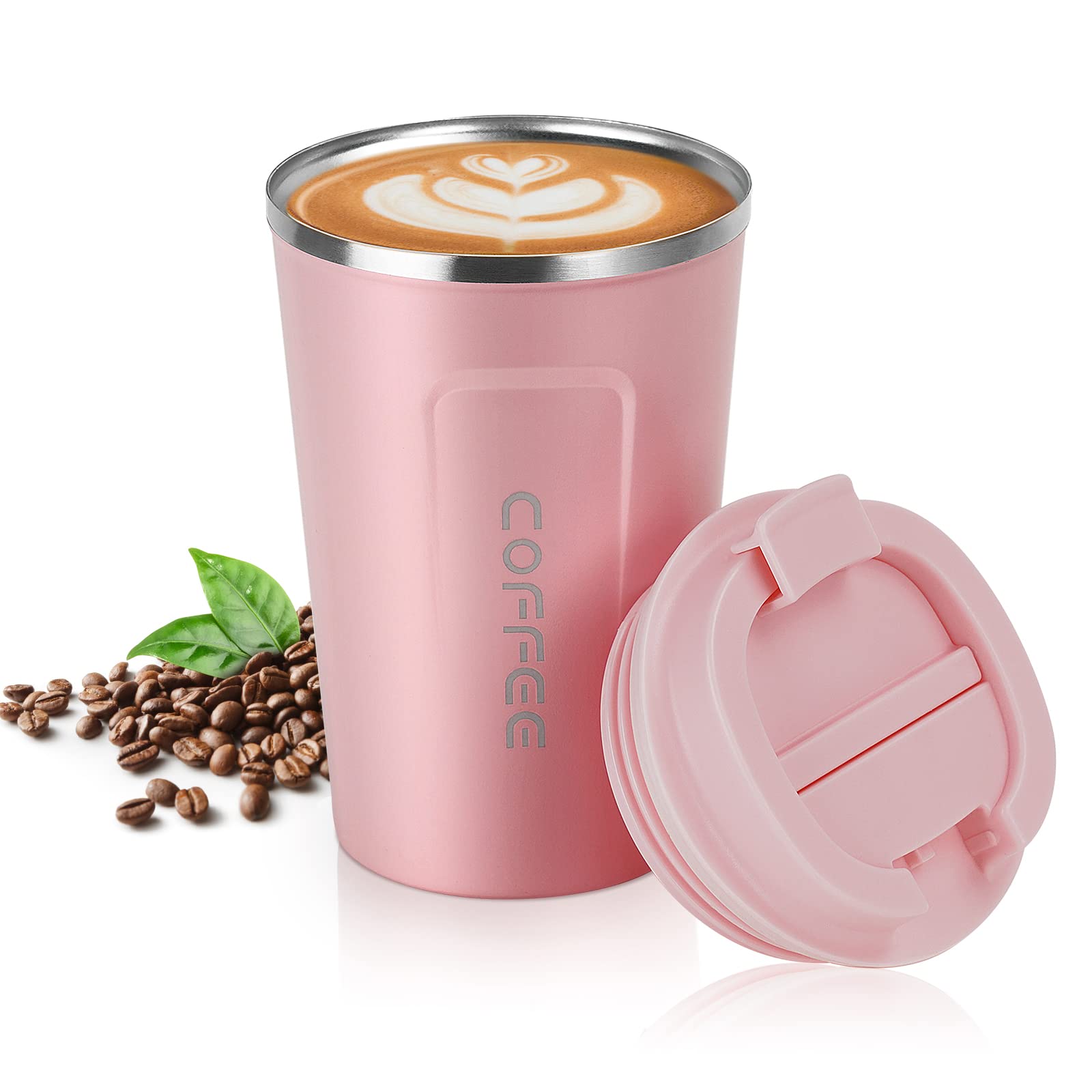 flintronic Coffee Cup, Insulated Coffee Mug with Leakproof Lid, Resuable Travel Mugs Cup for Cold & Hot Drinks (Pink, 380, Millilitres)