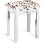 Giantex Vanity Stool Wood Dressing Padded Chair Makeup Piano Seat Make Up Bench w/Rose Cushion (White)
