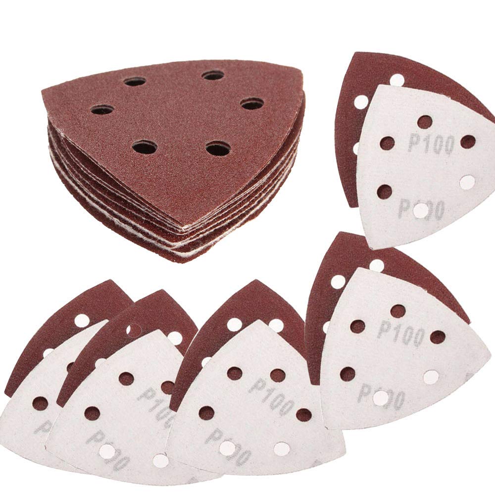 20 Pcs Sanding Paper Sand Pads 90mm Triangle 60 Grit Hook & Loop Sandpaper 6 Hole