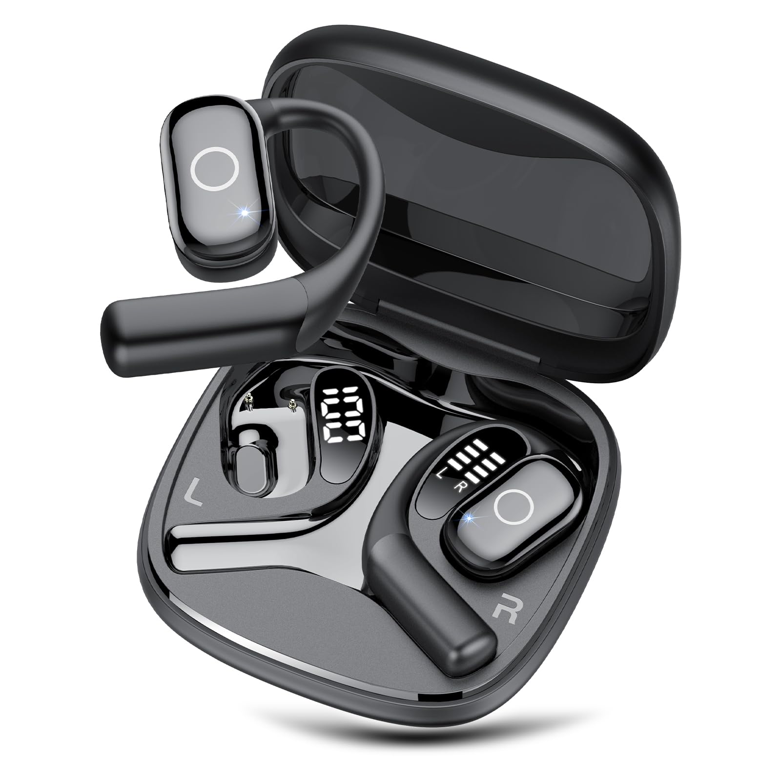 Photo 1 of Open Ear Earbuds, Wireless Bluetooth 5.4 Ear Buds with Big Earhooks, 80H HD Stereo Sound Open Ear Headphones, Touch Control Earphones, IP7 Waterproof Earbuds for Workouts Running (Black)