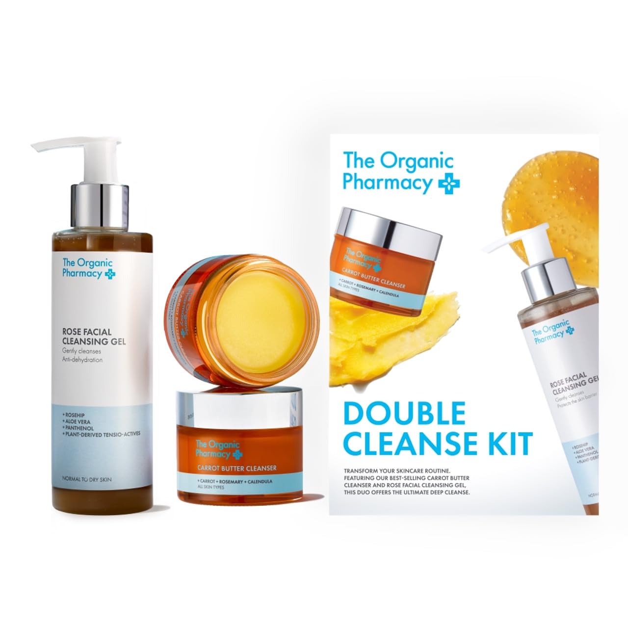 The Organic Pharmacy Double Cleanse Kit, 350ml - Deeply Cleanse, With Carrot, Rosemary, Calendula, Rosehip, Aloe Vera, Panthenol, Organic 10.7% & 99.8%