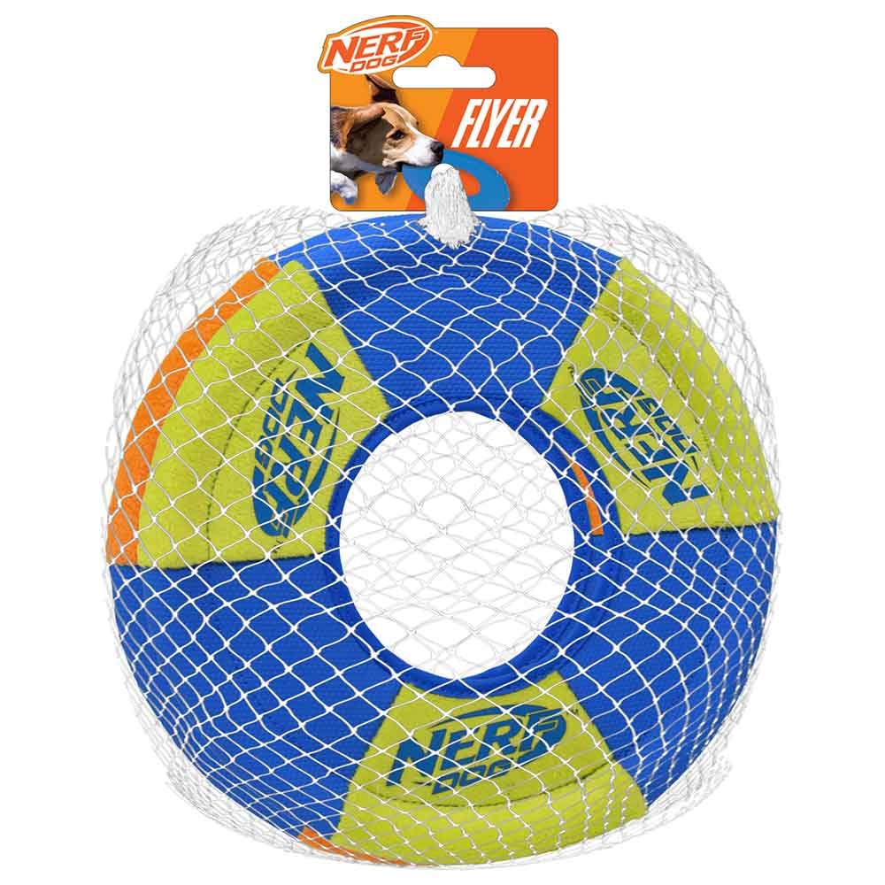 Nerf Dog Toss and Tug Ring Dog Toy, Flying Disc, Lightweight, Durable and Water Resistant, 9 Inch Diameter, For Medium/Large Breeds, Two Pack, Green and Orange
