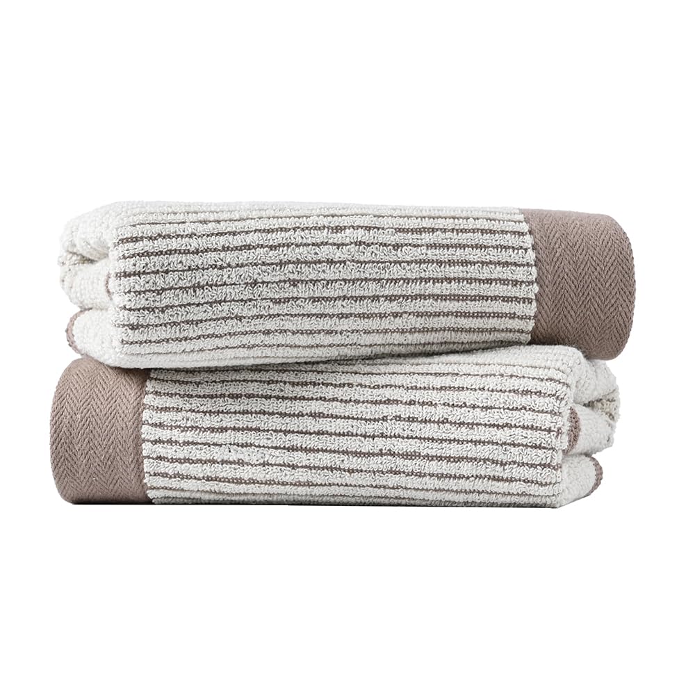 sense gnosis Beige Ribbed Striped Hand Towels Soft Absorbent Face Towels 100% Cotton Decorative Coffee Border Hand Towels for Bathroom Hotel Shower,Set of 2