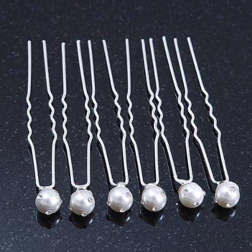Bridal/Wedding/Prom/Party Set Of 6 Rhodium Plated Crystal Simulated Pearl Hair Pins, silver, white / ivory - Image 3