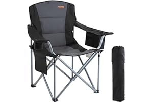 VEVOR Oversized Camping Folding Chair, Portable Heavy Duty Outdoor Quad Lumbar Back Padded with Side Pockets, Cup Holder and Cooler Bag for Beach, Lawn, Picnic, Fishing, Backpacking, Black