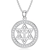 AHTAMOS Star of David Cross Necklace for Women and Men 925 Sterling Silver Star of David Necklace for Women Star of David Jewish Christian Necklace
