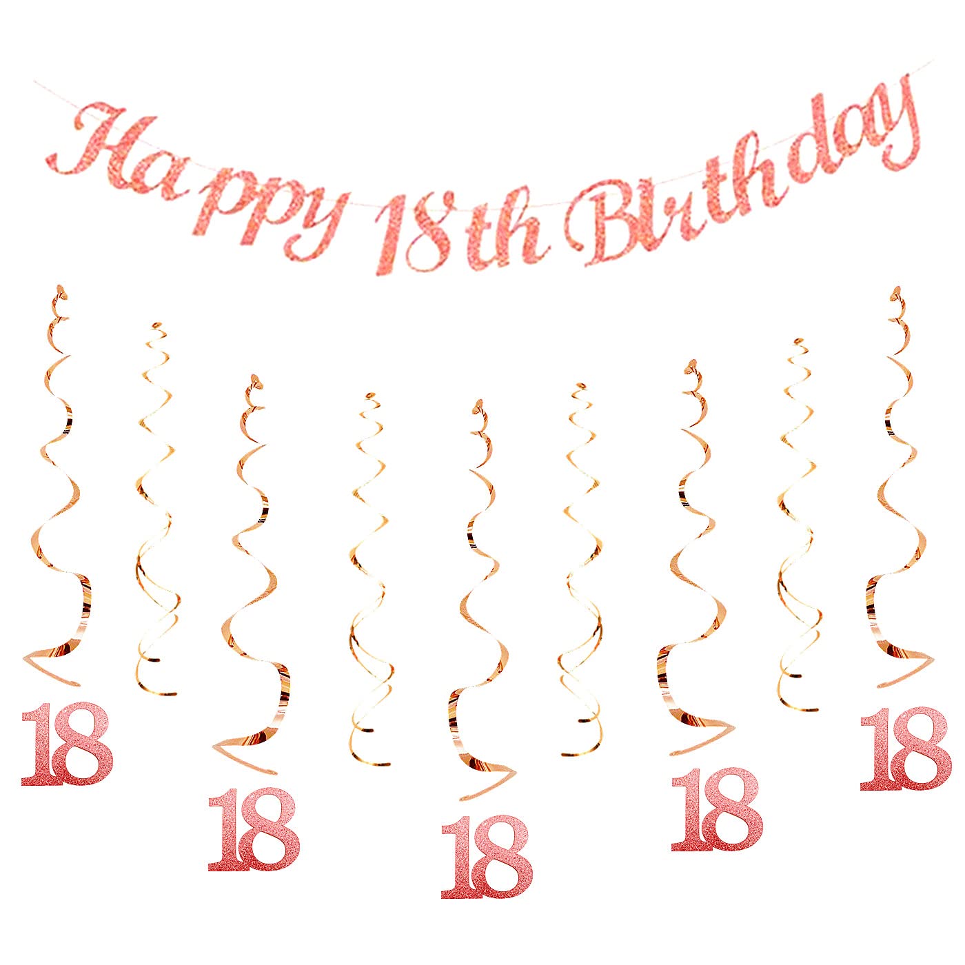 bng-bng 18th Birthday Party Decorations Girls Rose Gold with Happy 18th Birthday Bunting Banner Hanging Swirls Streamers for Girl Women Adult 18 Years Old Anniversary Party Decor Supplies