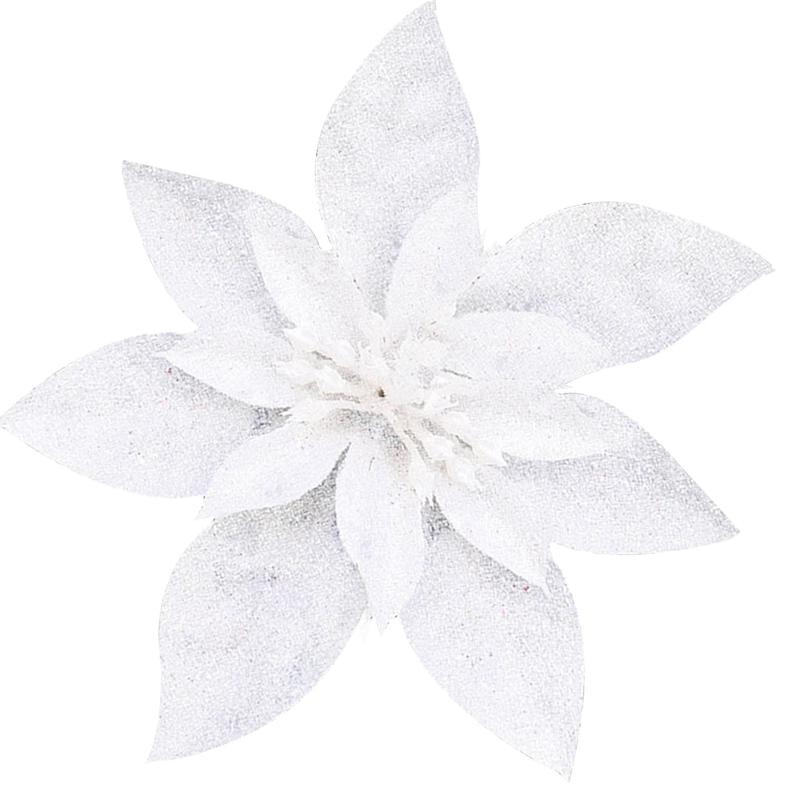 Yueshop 10 Pcs Glitter Christmas Flowers with Artificial Poinsettia Flower Christmas Tree Flower Decorations Xmas Tree Ornaments (White, 15CM)