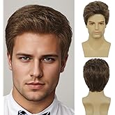 Swiking Mens Short Brown Wig Layered Synthetic Reality Hair 80s Costume Wigs Daily Replacement Wig for Male Guy (Brown)
