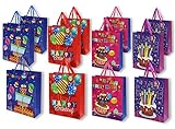 Birthday Gift Bags -12 Pack Medium Birthday Party 3D Present Bags with Tags