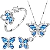 Caiyao Butterfly Crystal Jewelry Set with Butterfly Necklace Stud Earrings Adjustable Ring for Women Dainty Butterfly Jewelry Gifts