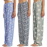 OAKVON 3-Pack Women’s Pajama Pants - Elastic Waist Drawstring Wide Leg Sleepwear Bottoms