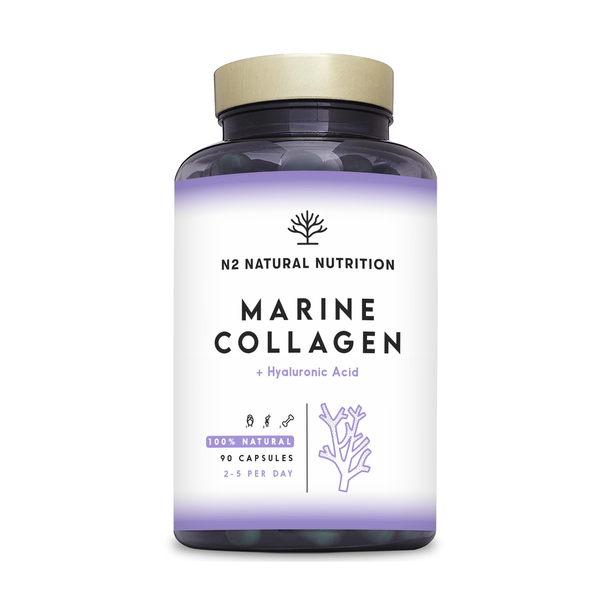 Marine Collagen with Hyaluronic Acid for Skin Care, Hair Care, Joints. Magnesium, Vitamin C. Hydrolysed Collagen Supplements. Anti Aging. Best Collagen PEPTAN. 90 Veggie Caps. EU. N2 Natural Nutrition