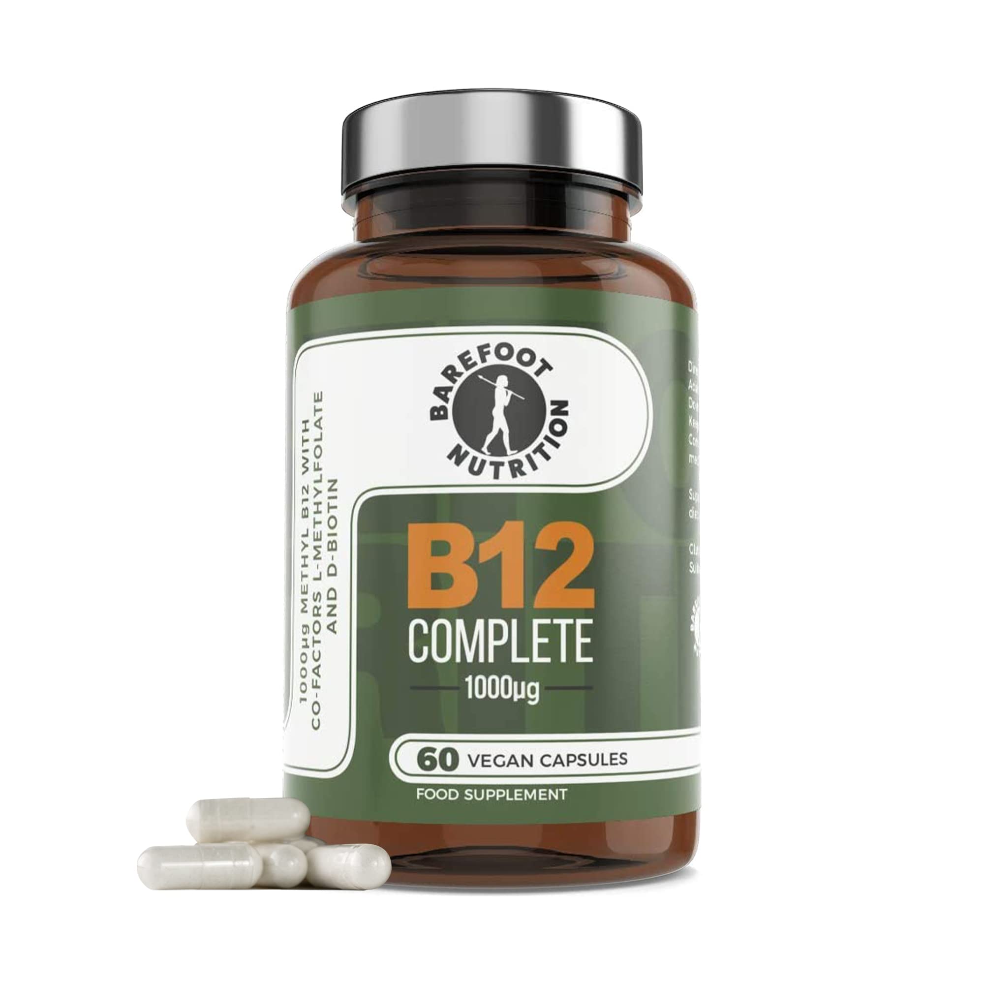 Barefoot Nutrition - B12 Complete, High Strength Supplement, Methylated B 12 (1000µg) - with Cofactors Methyl folate (400µg) & D-Biotin (400µg) - 60 x 1 A Day Vegan-Friendly Capsules