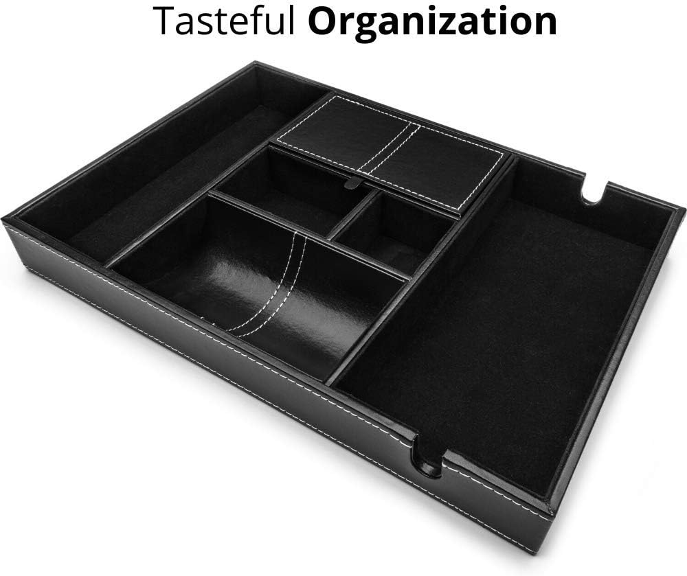 duke trays Valet Tray for Men, Nightstand Organizer, Entry Table Organizer, Catch All Tray, Dresser Organizer, Black Faux Leather Box, 6 Compartments: Home Improvement