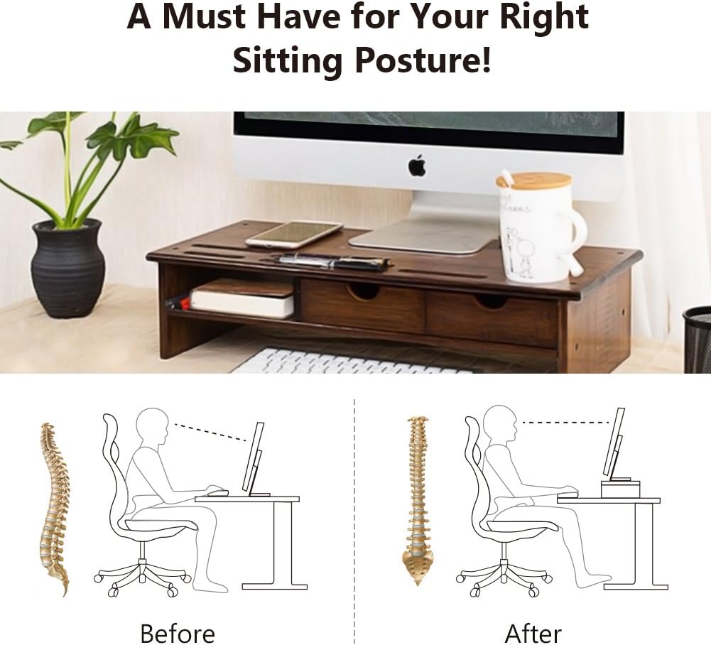 Tribesigns Monitor Stand Riser with Storage Organizer Drawers Bamboo，Retro Brown : Office Products