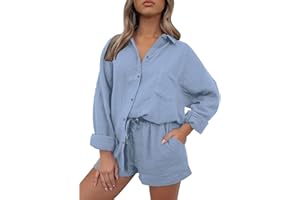 CANBEBIG Two Piece Sets for Women Cotton Linen Pleated Shirts and Drawstring Shorts Sets with Pockets Fashion Lounge Outfits