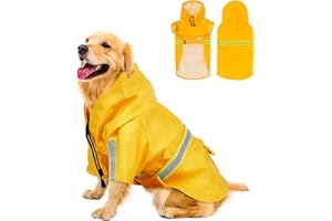 Havenfly High - Visibility Waterproof Dog Raincoat with Reflective Stripes, Yellow Hooded Pet Rain Jacket for Medium to Large