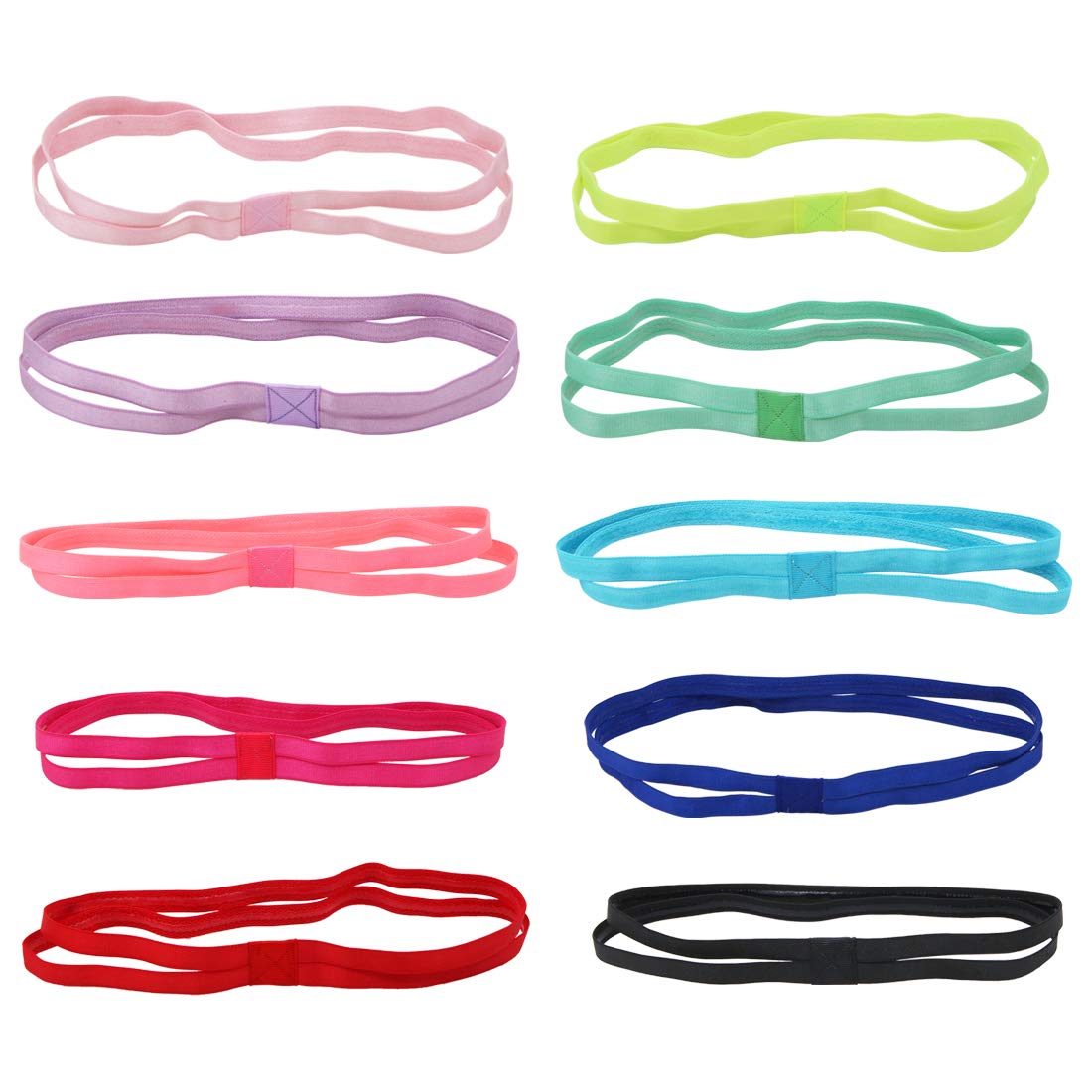 Wudong 10 Pack Elastic Sport Double Headbands,Stretchable Non-slip Sweatbands Slim Hairbands for Running Football Workout Yoga and More