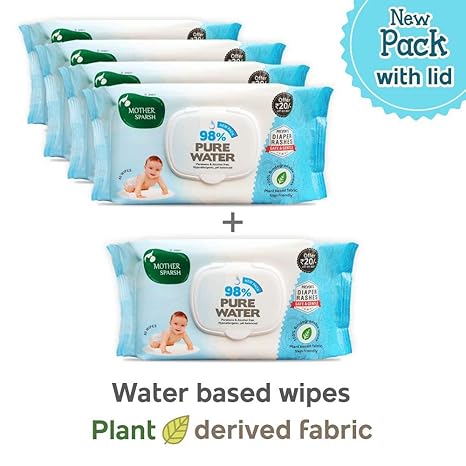 Mother Sparsh Baby Water Wipes, 80 Pieces (Pack of 4 + 1)