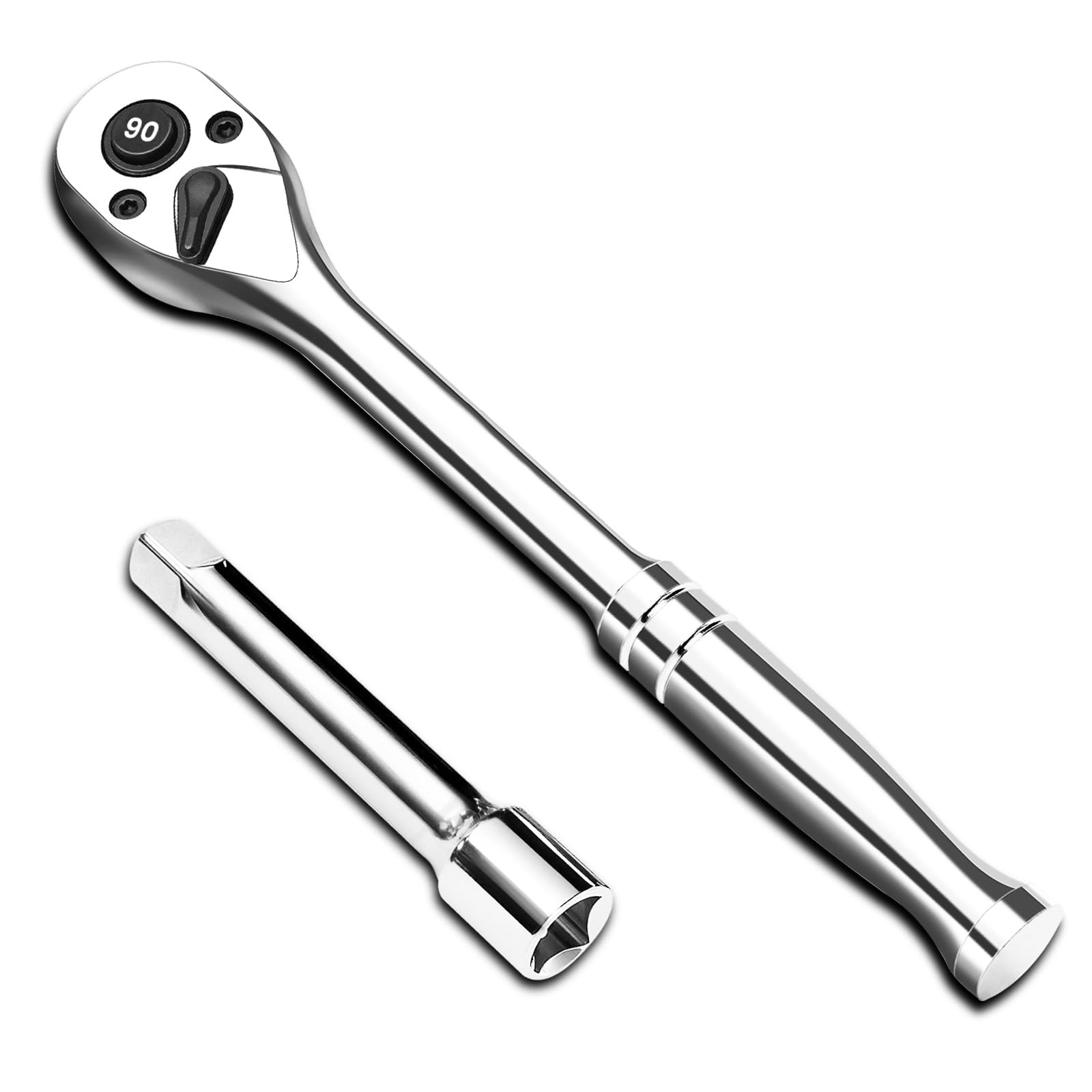 Photo 1 of 1/2-Inch Drive Ratchet Wrench, 90-Tooth Quick-release Reversible Ratchet Wrench with an Extension Bar(3 inch), 10" Long Socket wrench, 4-Degree Swing, Full Polished, Cr-Mo Head For Gifting, Repairing