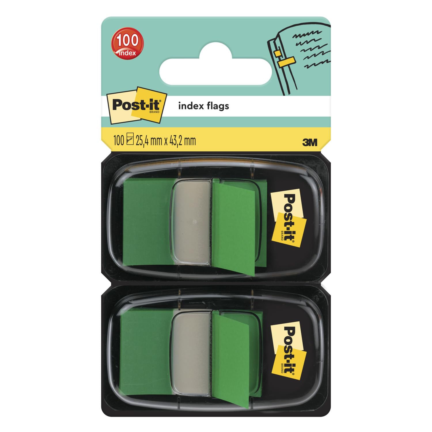 Post-it Index Flags, Medium, Green, 2 Dispensers 25.4 mm x 43.2 mm, 100 Flags - to Mark, Highlight or Color Code Important Information