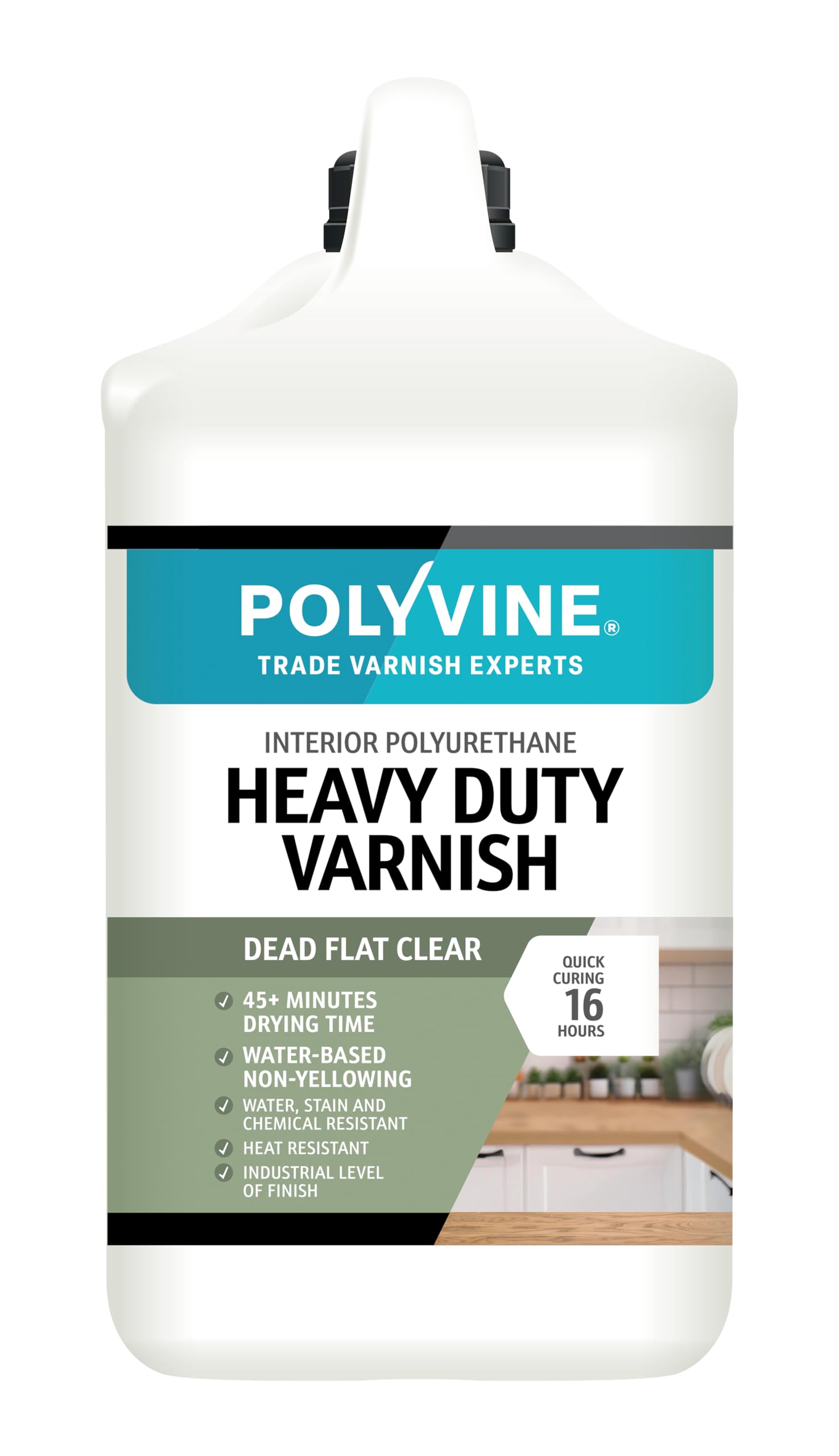 Polyvine Heavy Duty Interior Varnish Satin or Dead Flat Finishes – Quick Dry Varnish – Polyurethane, Water-Based, Water Resistant Coating for Indoor Woodwork, Painted Surfaces & More, Dead Flat 4L — image 1