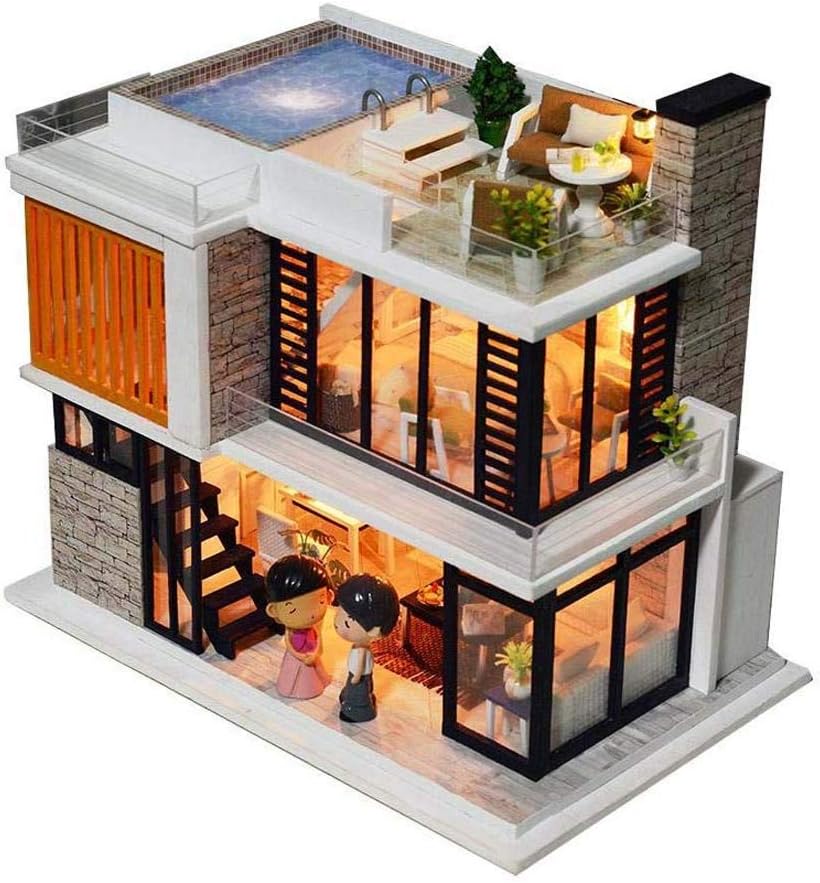 CASILE Miniature Dollhouse Kit Creative Handmade Diy Cabin Architectural Model Building Wooden Villa for Kids Girls Adults Playset Toys