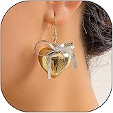 Chunky Gold Heart Dangle Earrings for Women,Puffy Heart Bow Drop Earrings Trendy Bowknot Hook Earrings,Aesthetic Anniversary Jewelry Gift for Lover