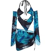 CAPE CLIQUE Women Marble Print Halter Backless Dress Split Long Sleeves Sexy Slim Fit Mini Dress Cool-Street Skirt Suit