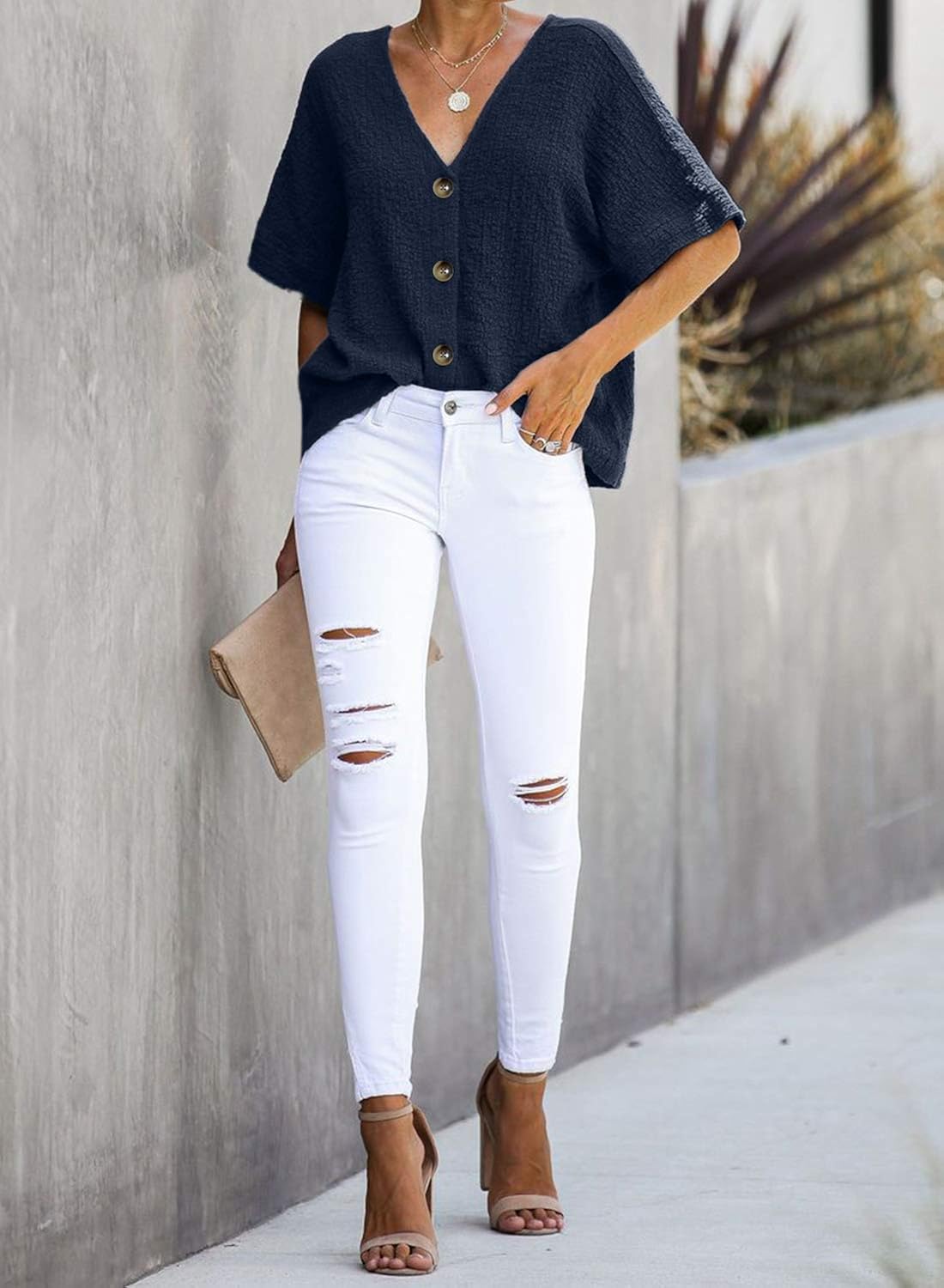 ROSKIKI Women's Button Down V Neck Tops Loose Casual Short Sleeve Shirts Blouses: Clothing
