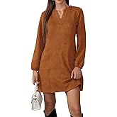 Jayscreate Women's A-line Suede Mini Dress Pocket Elegant 2025 Spring Fall Winter V Neck Long Sleeve Short Dress