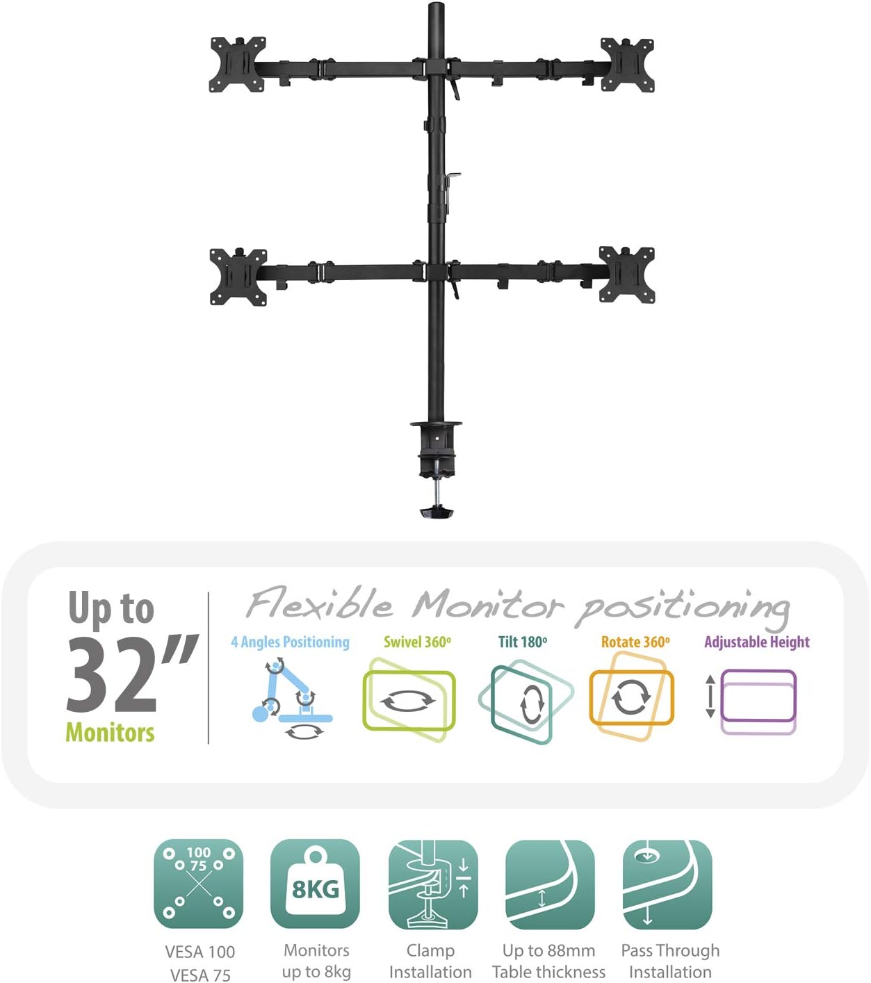 Ewent EW1514 4 Monitor Stand,4 Monitor Arm,Ergonomic 4 Monitor Stands for Desks,13-27 inch TV/Monitor Support Bracket,Adjustable Height,Tilt and Swivel,with Clamp,VESA 75X75 and 100X100 - Image 4
