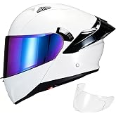 JQF Gear Modular Motorcycle Helmet Dual Visor Flip Up Full Face Helmets SJ-809 DOT Approved for Adults Men Women (Gloss White-Rainbow Visor, XXL)