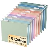 SUNEE Hanging File Folders, 50 Pack Letter Size Hanging File Folders with 1/5-cut Tabs, Stay Organized for Your Home and Office Bulk File, Documents and Paper, 10 Pastel Colors