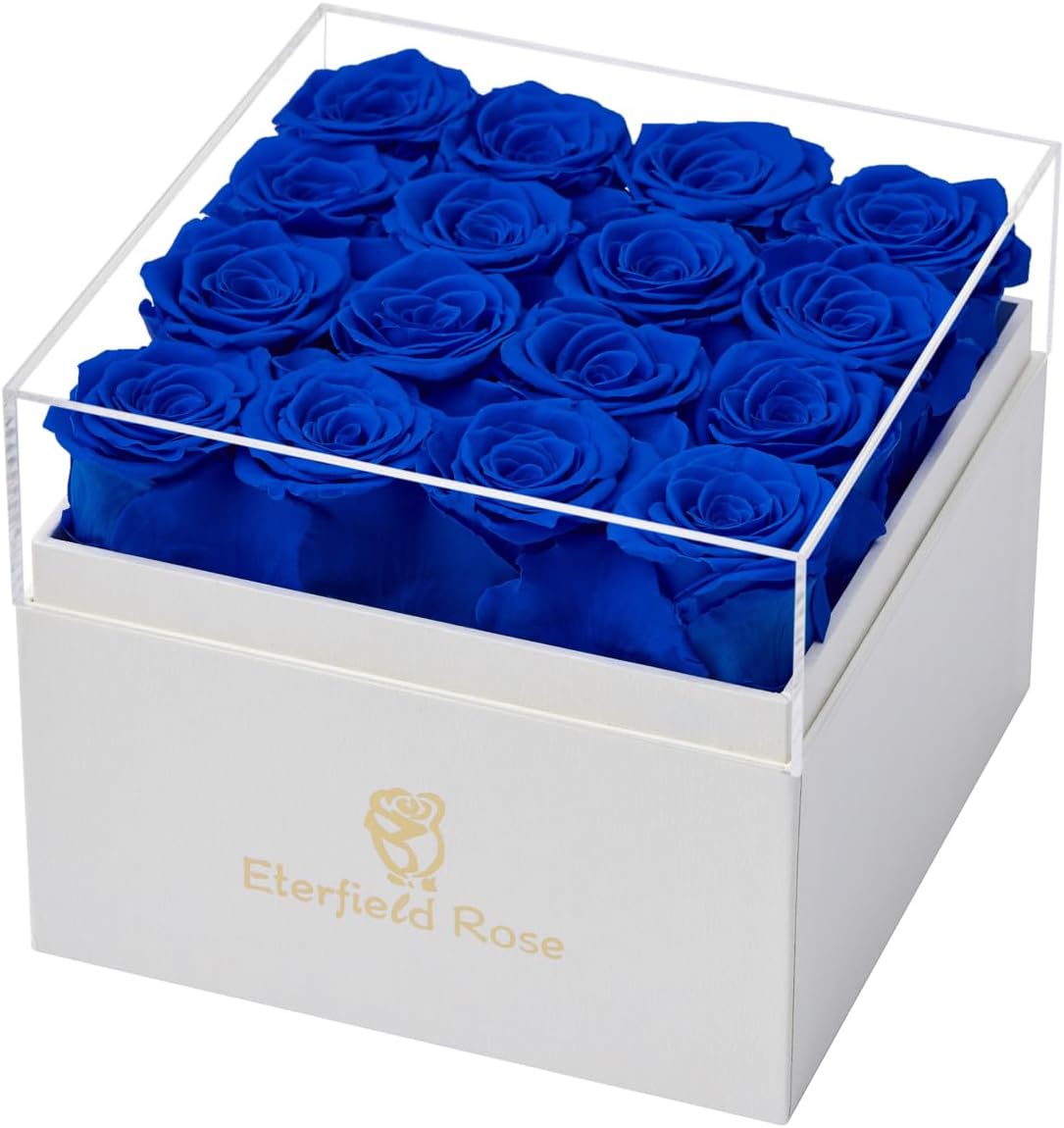 Dried & Preserved Flora - Eterfield Preserved Roses That Last a Year Eternal Rose in a Box Real Rose Without Fragrance Gift for Her (16 Klein Blue Roses, Square White Box)