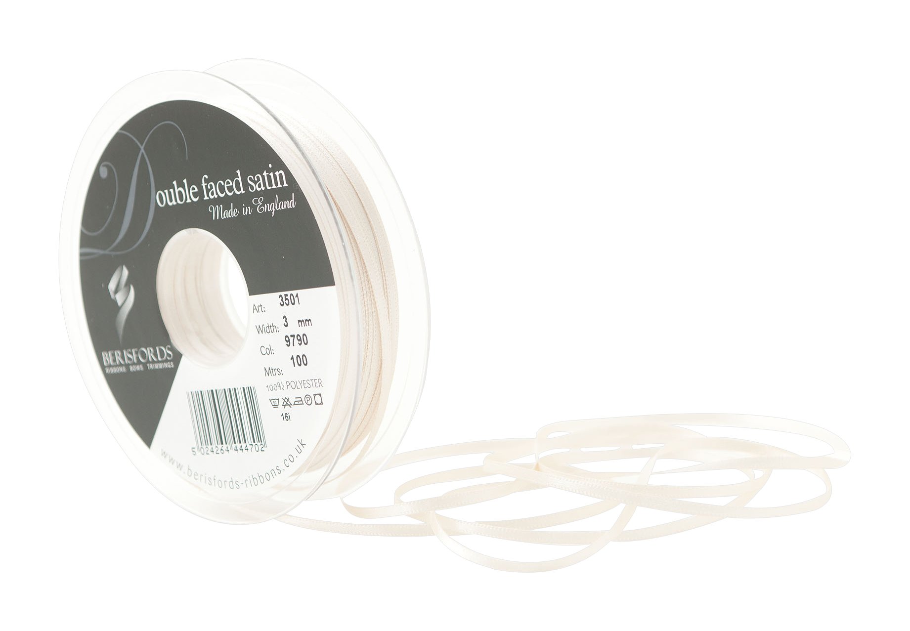 Berisfords Double FACE Poly Satin, Polyester, Pearl, 10.4 x 10.4 x 1.2 cm
