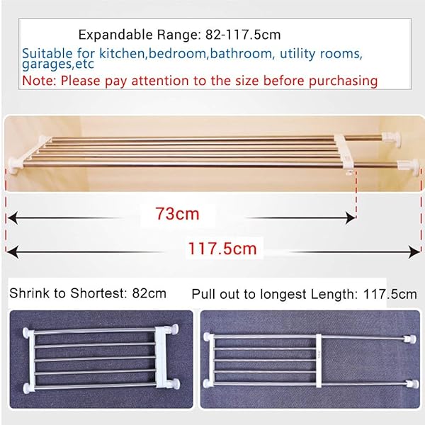 BAOYOUNI EXPANDABLE CLOSET TENSION SHELF ROD ORGANIZER ADJUSTABLE STORAGE RACK HEAVY DUTY CLOTHES HANGER METAL SPACE SAVING DIVIDER FOR BATHROOM KITCHEN CUPBOARD WARDROBE BOOKSHELF 32”-46”, IVORY